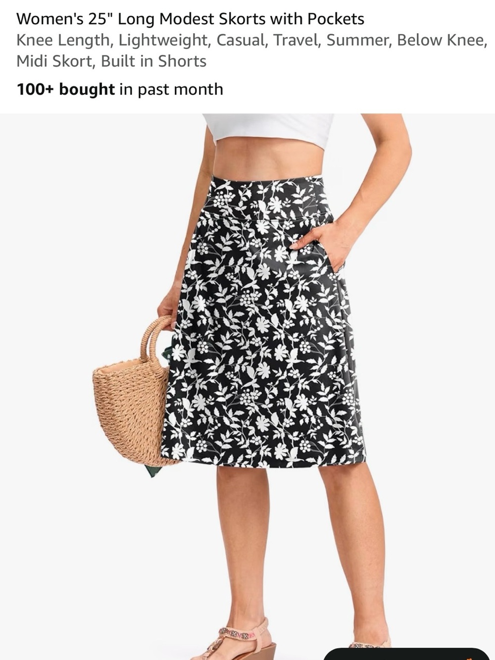 Black and White Floral A-Line Midi Skort with Pockets XL